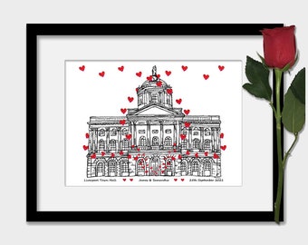 Impression personnalisée de cadeau d'anniversaire de lieu de mariage de l'hôtel de ville de Liverpool, noir et blanc, couleur