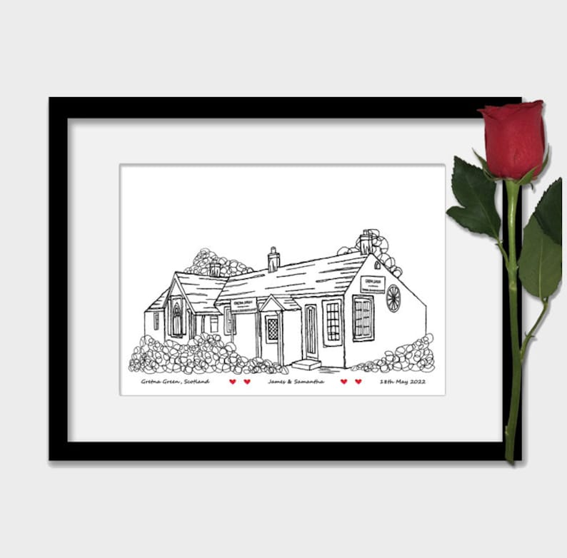 Impression personnalisée de lieu de mariage Gretna Green, cadeau d'anniversaire, coeurs, art mural BlackWhitePrint