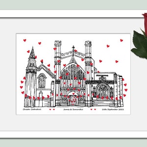 Impression personnalisée de cadeau d'anniversaire de lieu de mariage de la cathédrale de Chester, noir et blanc, coeurs image 8