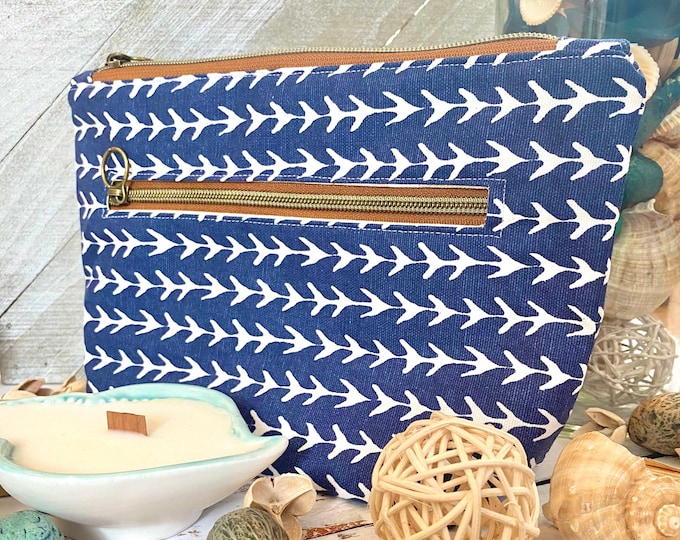 Made-To-Order, Navy, Nautical, Makeup Bag, Cosmetics Bag, Makeup Pouch, Cosmetics Pouch, Pouch, Bag, 2 Zipper, with Pocket, Zipper Pouch