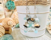 Ready-to-Ship, Square Wood, Tumbled Coral Stone, White Glass Rondelle, Turquoise Simulated Amazonite, Beaded, Charm, Boho, Beach, Earrings