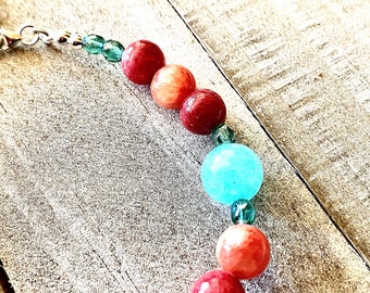 Beaded, Beach, Bracelet, Teal, Orange, Czech Bead, Stone, Glass, Beads, Adjustable, Chain, Vibrant, Handmade