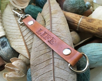 Ready-to-Ship, Hand-Stamped, Saddle Brown, Vegetable-Tanned, Leather "Life" Key Fob, Key Ring, Key Chain, Purse Charm, Bag Charm