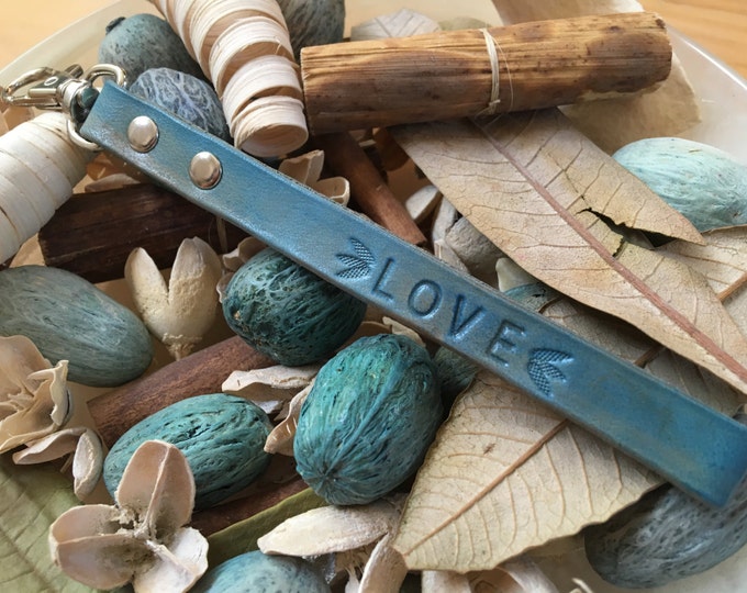 Ready-to-Ship, Turquoise, Hand-Stamped, Vegetable-Tanned, Leather "LOVE" Key Fob, Key Ring, Key Chain, Purse Charm, Bag Charm