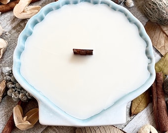 La Jolla Shores, Blue, Shell, Hand Poured, Ceramic, Dish, Small, 8 ounce, Candle, Natural, Soy Wax, Candle, Wood Wick, Soy Candle, 1 Wick