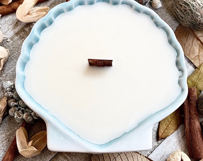 La Jolla Shores, Blue, Shell, Hand Poured, Ceramic, Dish, Small, 8 ounce, Candle, Natural, Soy Wax, Candle, Wood Wick, Soy Candle, 1 Wick