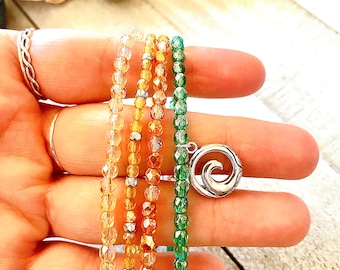 4 in 1, Bracelet Set, Beach Bracelet, Wave Charm, Teal, Orange, Yellow, Czech Beads, Silver, Beaded Bracelet, Beads, Bracelet, Adjustable