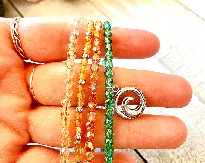 4 in 1, Bracelet Set, Beach Bracelet, Wave Charm, Teal, Orange, Yellow, Czech Beads, Silver, Beaded Bracelet, Beads, Bracelet, Adjustable