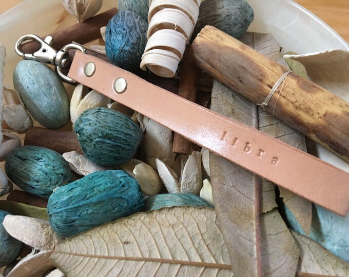 Ready-to-Ship, Hand-Stamped, Vegetable-Tanned, Leather “Libra” Zodiac Key Fob, Key Ring, Key Chain, Purse Charm, Bag Charm