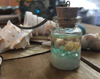 Handmade, Beach in a Bottle, Resin, Shell, Turquoise, Beach, Boho, Bronze Chain, Glass Bottle, Apothecary Jar, Pendant, Necklace