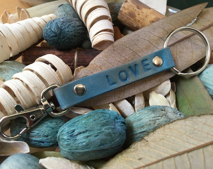 Ready-to-Ship, Turquoise, Hand-Stamped, Vegetable-Tanned, Leather "LOVE" Key Fob, Key Ring, Key Chain, Purse Charm, Bag Charm