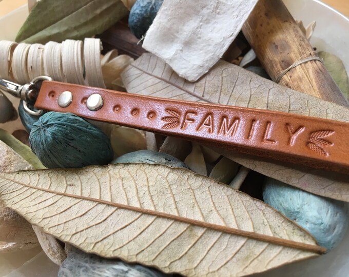 Ready-to-Ship, Hand-Stamped, Saddle Brown, Vegetable-Tanned, Leather "FAMILY" Key Fob, Key Ring, Key Chain, Purse Charm, Bag Charm