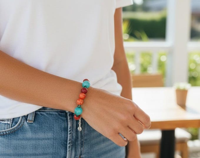 Vibrant Handmade Beaded Beach Bracelet Stone & Glass Beads, Adjustable Chain