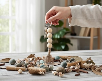 Handmade Wood Bead Key Fob, Boho Twine Purse Charm