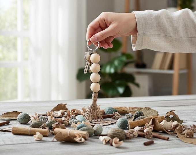 Handmade Wood Bead Key Fob, Boho Twine Purse Charm