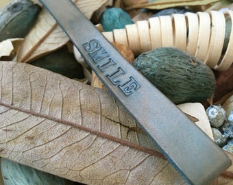Ready-to-Ship, Hand-Stamped, Turquoise, Leather "SMILE" Key Fob, Key Ring, Key Chain, Purse Charm, Bag Charm