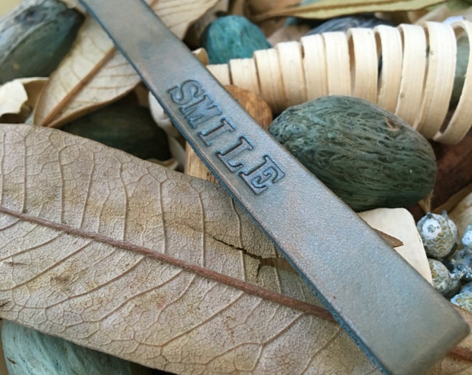 Ready-to-Ship, Hand-Stamped, Turquoise, Leather "SMILE" Key Fob, Key Ring, Key Chain, Purse Charm, Bag Charm
