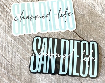 4x2.25 inch, San Diego Charmed Life, Sticker, Car Decal, San Diego, Bumper Sticker, Decals, Stickers, Black, White, Light Blue