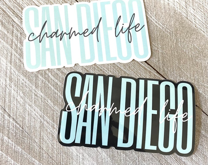 4x2.25 inch, San Diego Charmed Life, Sticker, Car Decal, San Diego, Bumper Sticker, Decals, Stickers, Black, White, Light Blue