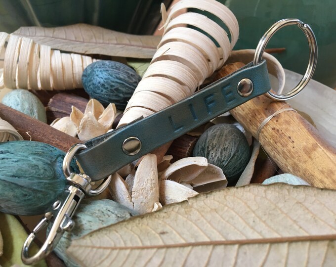 Ready-to-Ship, Turquoise, Hand-Stamped, Vegetable-Tanned, Leather "LIFE" Key Fob, Key Ring, Key Chain, Purse Charm, Bag Charm