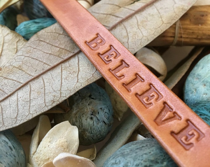 Ready-to-Ship, Hand-Stamped, Saddle Brown, Leather "BELIEVE" Key Fob, Key Ring, Key Chain, Purse Charm, Bag Charm