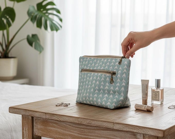 Light Blue Nautical Makeup Bag, Double Zipper Pouch with Pocket, Duck Cloth Cosmetics Bag