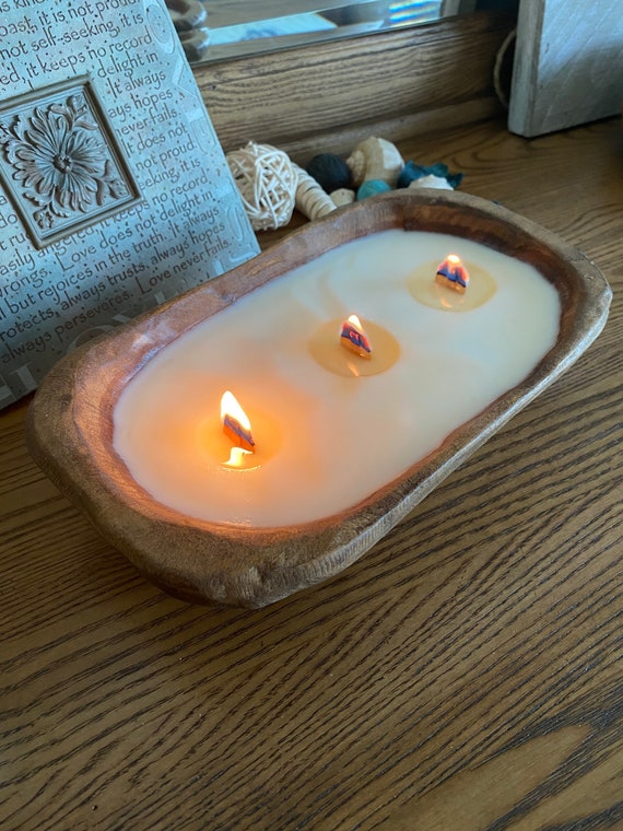 3 Wick Soy Candles in Wood Bowls