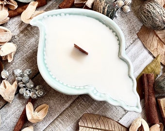 La Jolla Shores, Green, Shell, Hand Poured, Ceramic, Dish, Small, 4 ounce, Candle, Natural, Soy Wax, Candle, Wood Wick, Soy Candle, 1 Wick