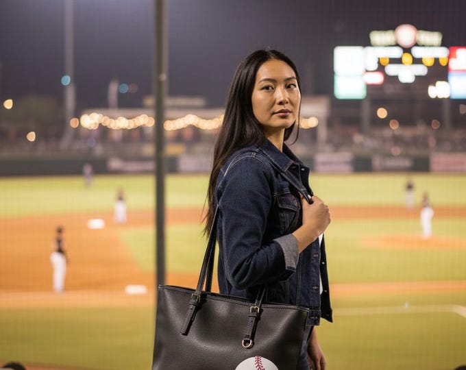 Black Baseball Fan Tote with SD Logo, PU Leather Shoulder Bag for Padres Fans