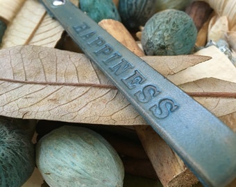 Ready-to-Ship, Hand-Stamped, Turquoise, Vegetable-Tanned, Leather "HAPPINESS" Key Fob, Key Chain, Key Ring, Lanyard, Purse Charm, Bag Charm