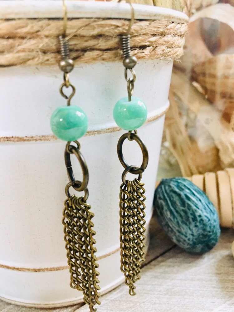 Bronze Boho Industrial Glass Turquoise Bead and Chains - Etsy