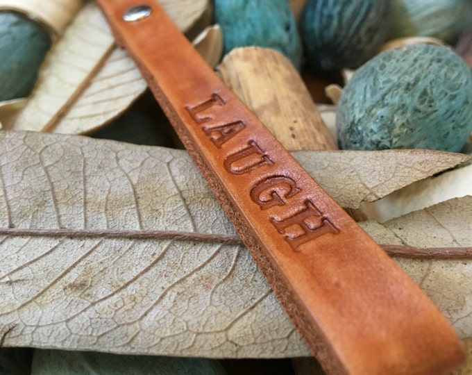 Ready-to-Ship, Hand-Stamped, Saddle Brown, Vegetable-Tanned, Leather "LAUGH" Key Fob, Key Ring, Key Chain, Purse Charm, Bag Charm