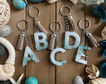 Blue, Beach Glass, Letter, Alphabet, White, Resin, Monogram, Monogrammed, Keychain, Purse Charm, Bag Charm, Epoxy, Tan, Tassel, Key Ring