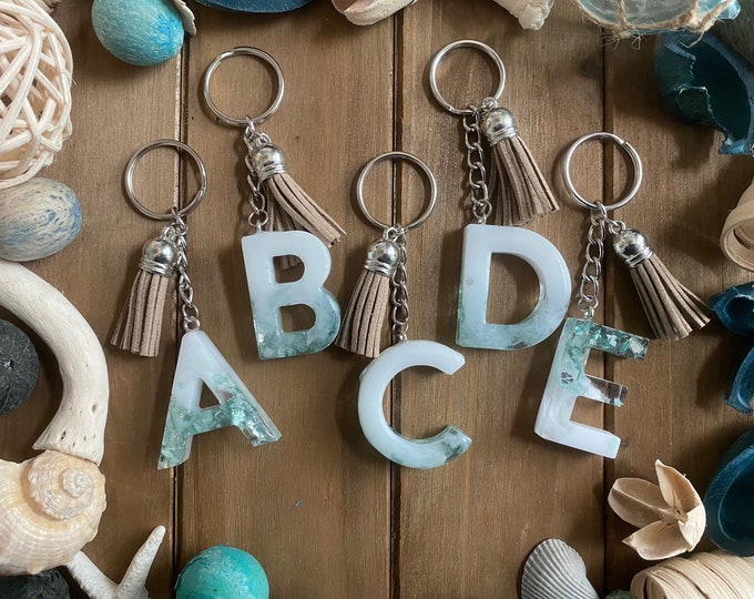 Blue, Beach Glass, Letter, Alphabet, White, Resin, Monogram, Monogrammed, Keychain, Purse Charm, Bag Charm, Epoxy, Tan, Tassel, Key Ring