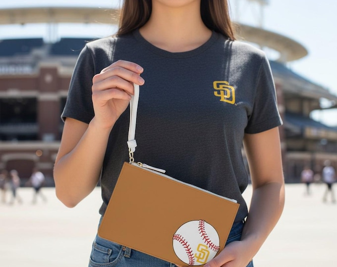 Brown Baseball Padres Ball and Logo Graphic Clutch Bag | Tan Leatherette Wristlet, Sports Theme