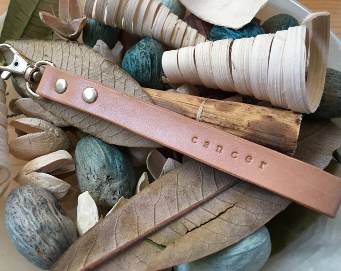 Ready-to-Ship, Natural, Hand-Stamped, Vegetable-Tanned, Leather "Cancer" Zodiac Key Fob, Key Ring, Key Chain, Purse Charm, Bag Charm