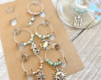 Pink, Sea foam, Turquoise, Pearl, Bead, Wine, Charm, Wine Charm, Mermaid, Sunglasses, Sand Castle, Crab, Palm Tree, Sun, 6 Pack, Set, Gift