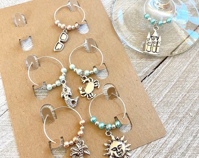 Pink, Sea foam, Turquoise, Pearl, Bead, Wine, Charm, Wine Charm, Mermaid, Sunglasses, Sand Castle, Crab, Palm Tree, Sun, 6 Pack, Set, Gift