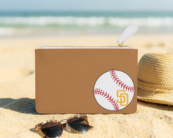 Brown Baseball Padres Ball and Logo Mini Clutch Bag | Small Zipper Pouch, Sports Accessory