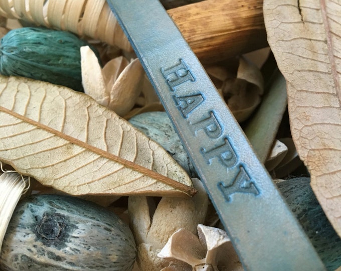 Ready-to-Ship, Hand Stamped, Turquoise, Vegetable-Tanned, Leather "HAPPY" Key Fob, Key Ring, Key Chain, Purse Charm, Bag Charm