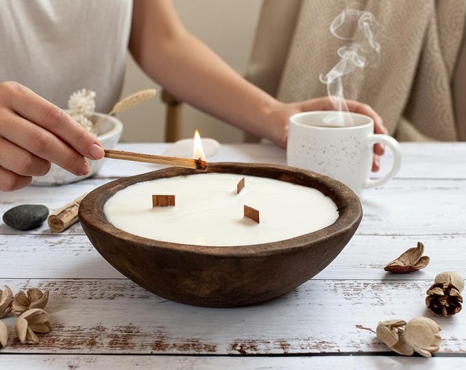 Hand Poured Soy Wax Candle, Wood Dough Bowl, Wood Wick