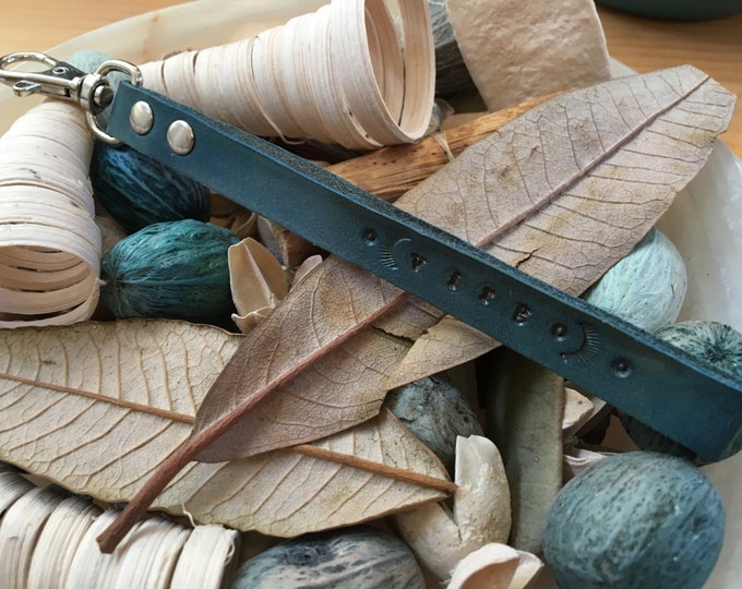 Custom, Made-to-Order, Hand-Stamped, Vegetable-Tanned, Leather Zodiac Key Fob, Key Ring, Key Chain, Purse Charm, Bag Charm, Turquoise, Brown