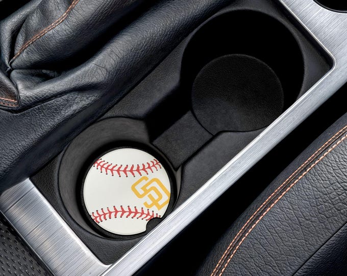 White Baseball Padres Ball and Logo Stitch Car Coaster | Soapstone Drink Holder