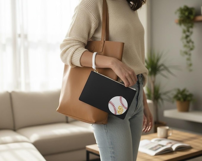 Black Wristlet Baseball Padres Ball and Logo Clutch | Sports Team Fan Accessory
