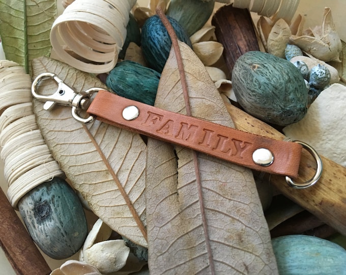 Ready-to-Ship, Hand-Stamped, Saddle Brown, Vegetable-Tanned, Leather "FAMILY" Key Fob, Key Chain, Key Ring, Lanyard, Purse Charm, Bag Charm