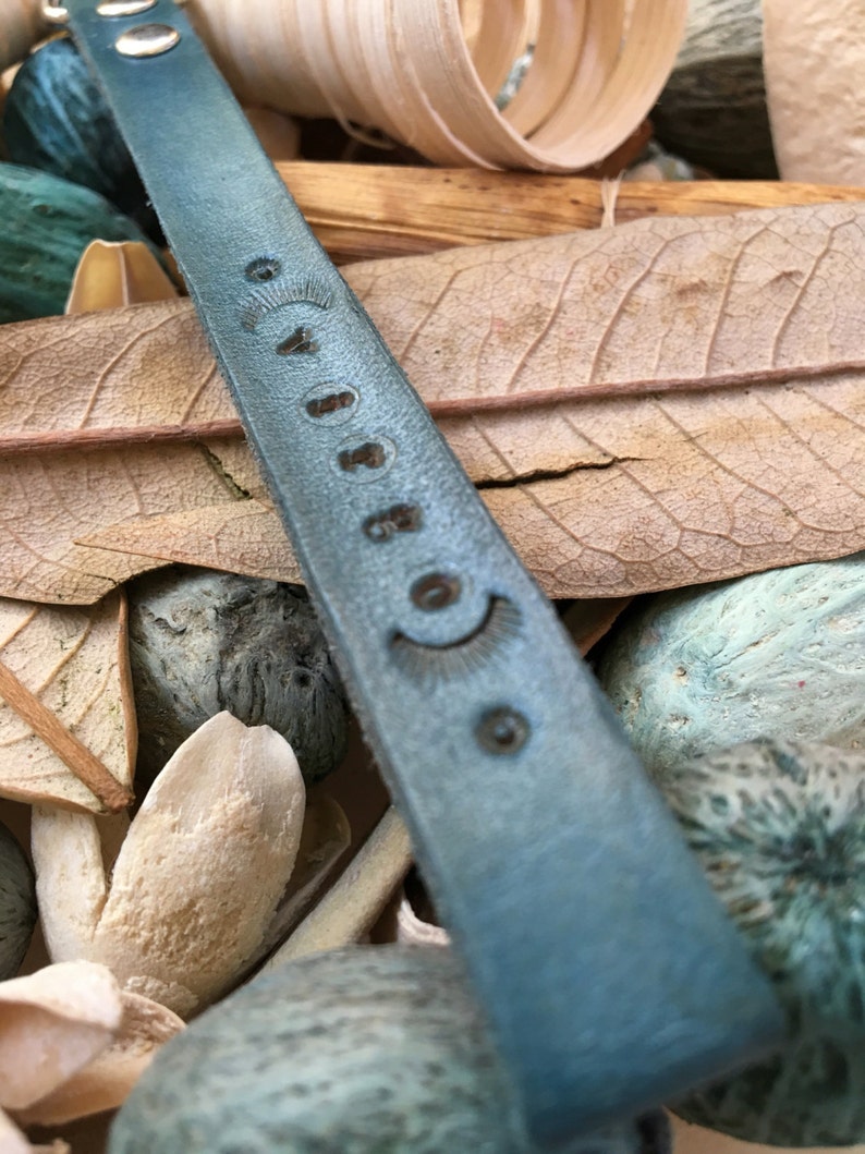 Ready-to-Ship, Turquoise, Hand-Stamped, Vegetable-Tanned, Leather Virgo Zodiac Key Fob, Key Ring, Key Chain, Purse Charm, Bag Charm image 4