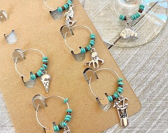 Fish, Mermaid, Octopus, Umbrella Drink, Surfer Girl, Ice Cream Cone, Wine Charm, Boho, Beach, Wood, Turquoise, Charm, 6 Pack, Gift Set