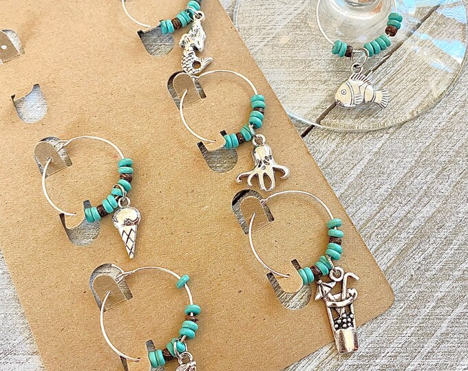Fish, Mermaid, Octopus, Umbrella Drink, Surfer Girl, Ice Cream Cone, Wine Charm, Boho, Beach, Wood, Turquoise, Charm, 6 Pack, Gift Set