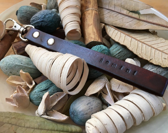 Ready-to-Ship, Dark Brown, Hand-Stamped, Vegetable-Tanned, Leather "Gemini" Zodiac Key Fob, Key Chain, Key Ring, Purse Charm, Bag Charm