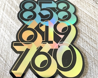 3x2.5”, San Diego, California, Area Code, Holographic, Sticker, Decal, Car Decal, Bumper Sticker, Decals, Stickers, 858, 619, 760